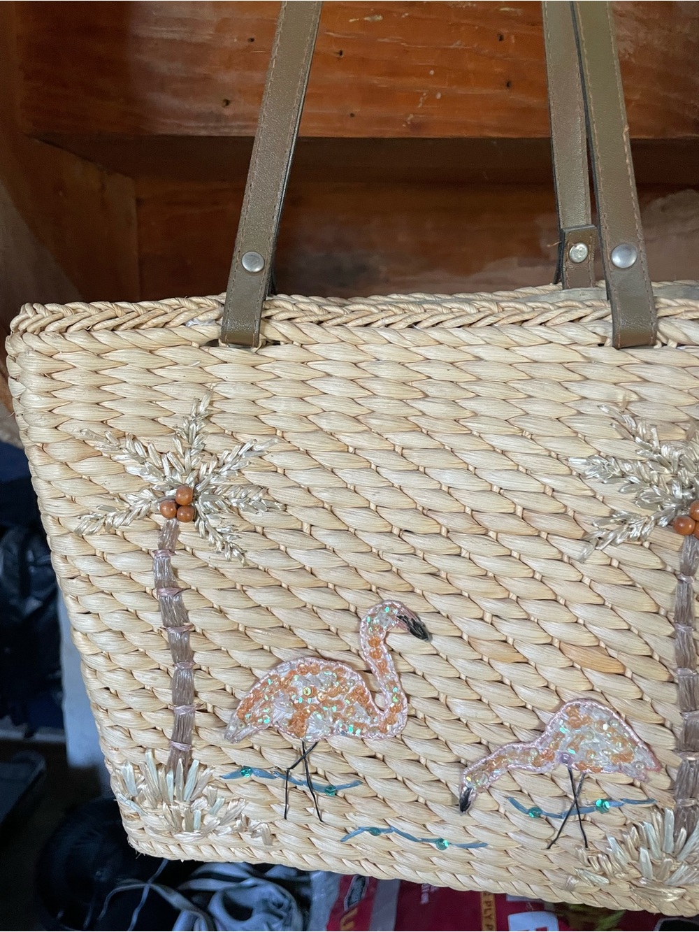 Woven Straw Tote with Beaded Flamingo Accent - Natural